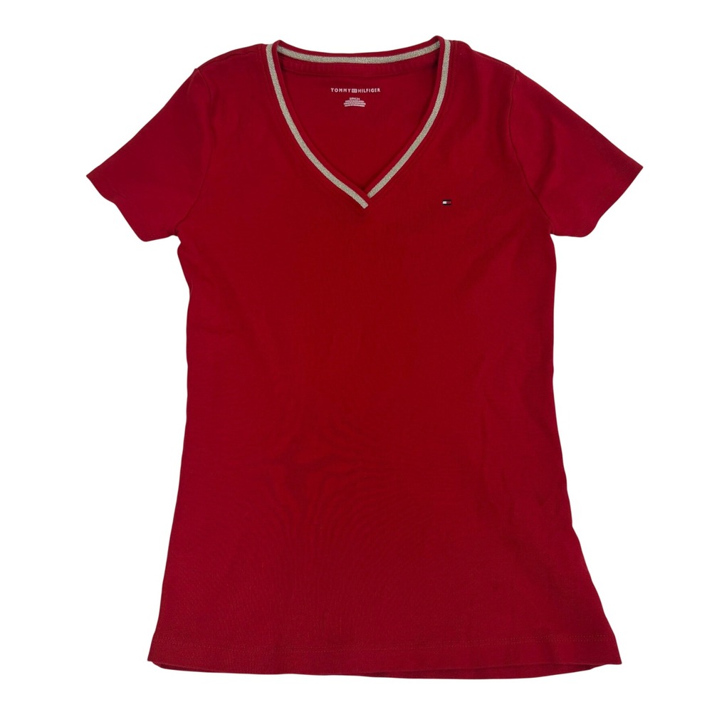 Tommy Hilfiger Womens Red‎ V-Neck T-Shirt Gold Metallic Trim Logo Small